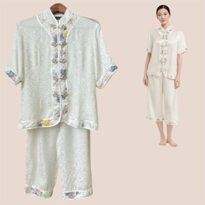 Luxury Traditional Chinese 100% Silk Pajama Set Floral Frog Closure Loungewear